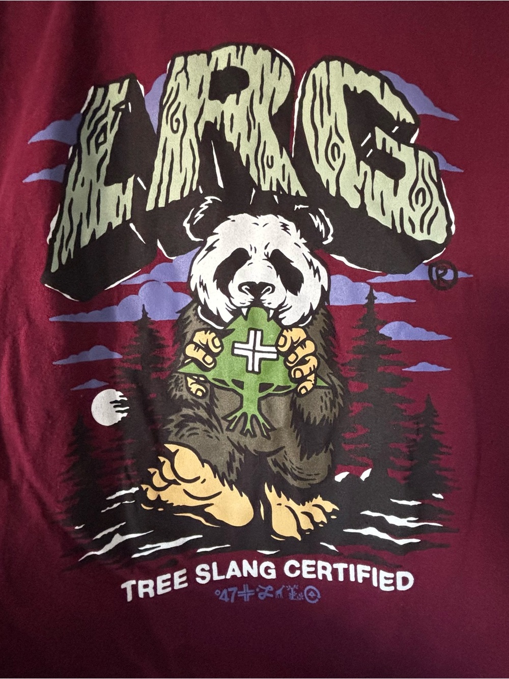 Lrg Maroon Graphic Tee with Panda Holding Green Emblem